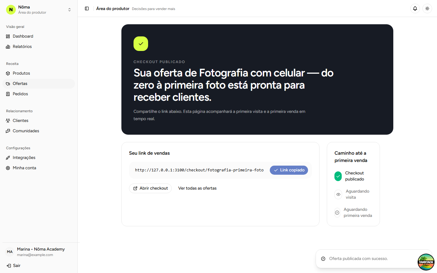 Confirmação da oferta e ação para copiar o link de vendas