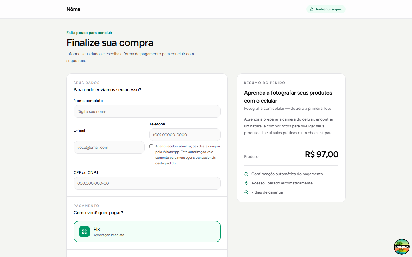 Checkout de demonstração com dados do comprador, resumo do pedido e Pix